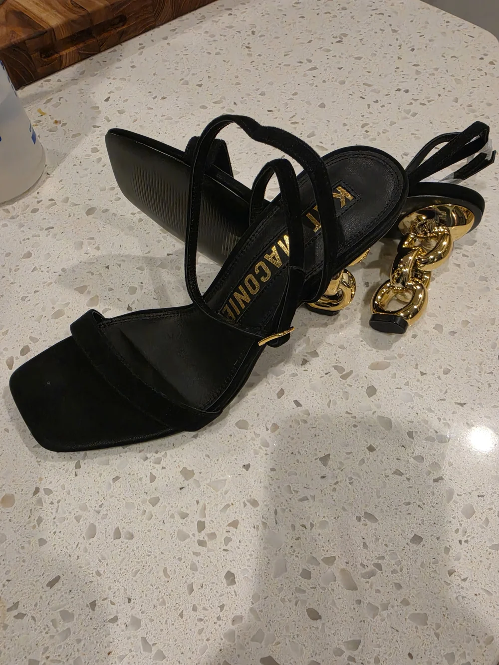 Kat Maconie Black Suede Sandals with Gold Sculpted Heel